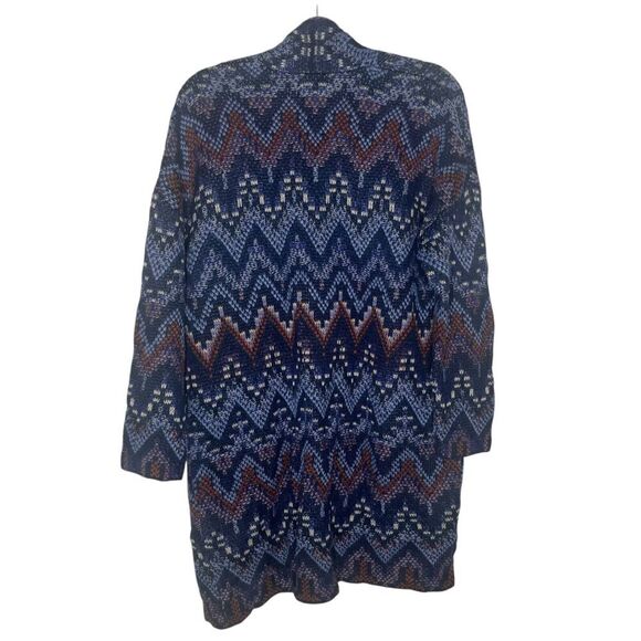 Lucky Brand Open Cardigan Knit Sweater L Wool Blend Aztec Chevron Print Blue - Picture 5 of 7
